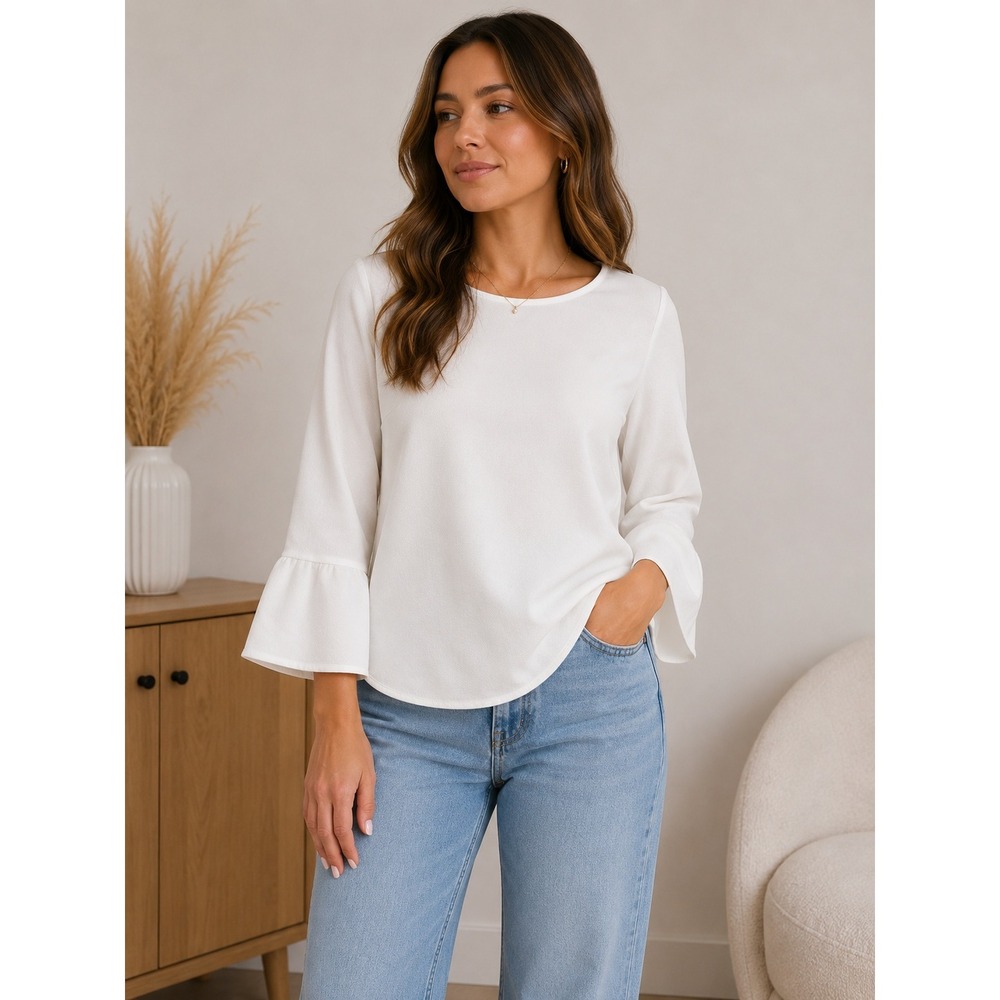 Moa Moa White Textured Bell Sleeve Blouse XL Scoop Neck‎ Back Zip MTE652-FKR